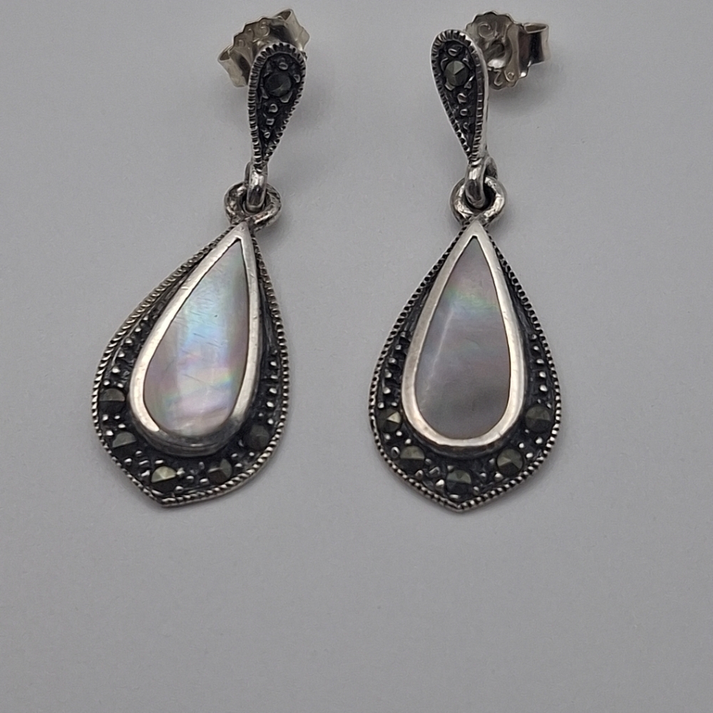 Vtg Sterling Silver 925 Abalone Marcasite Post Back Dangle Earrings 4.84g - Picture 7 of 8